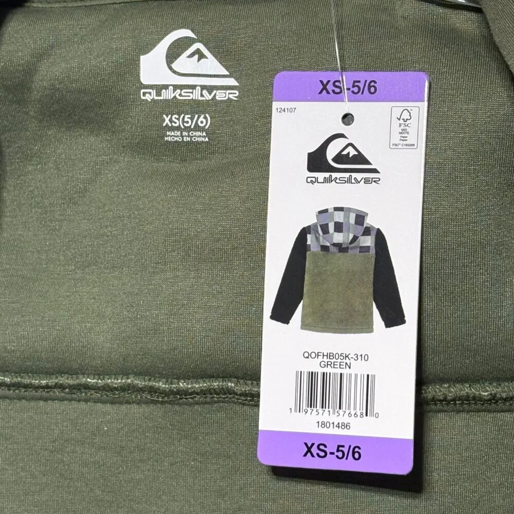 Quiksilver Jacket Youth Boy's XS 5/6 Hooded Sherpa Jacket Green Black